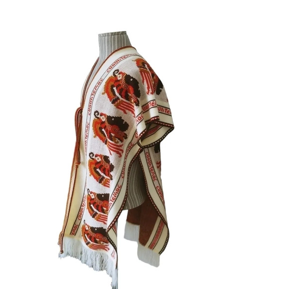 Vintage Intarsia Knit Cuauhtemoc Aztec  Fringed Poncho Beige/Orange/Brown - Picture 8 of 9